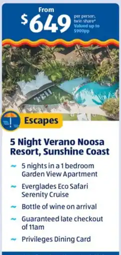 ALDI Escapes 5 Night Verano Noosa Resort, Sunshine Coast offer