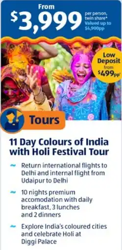ALDI Tours 11 Day Colours of India with Holi Festival Tour offer