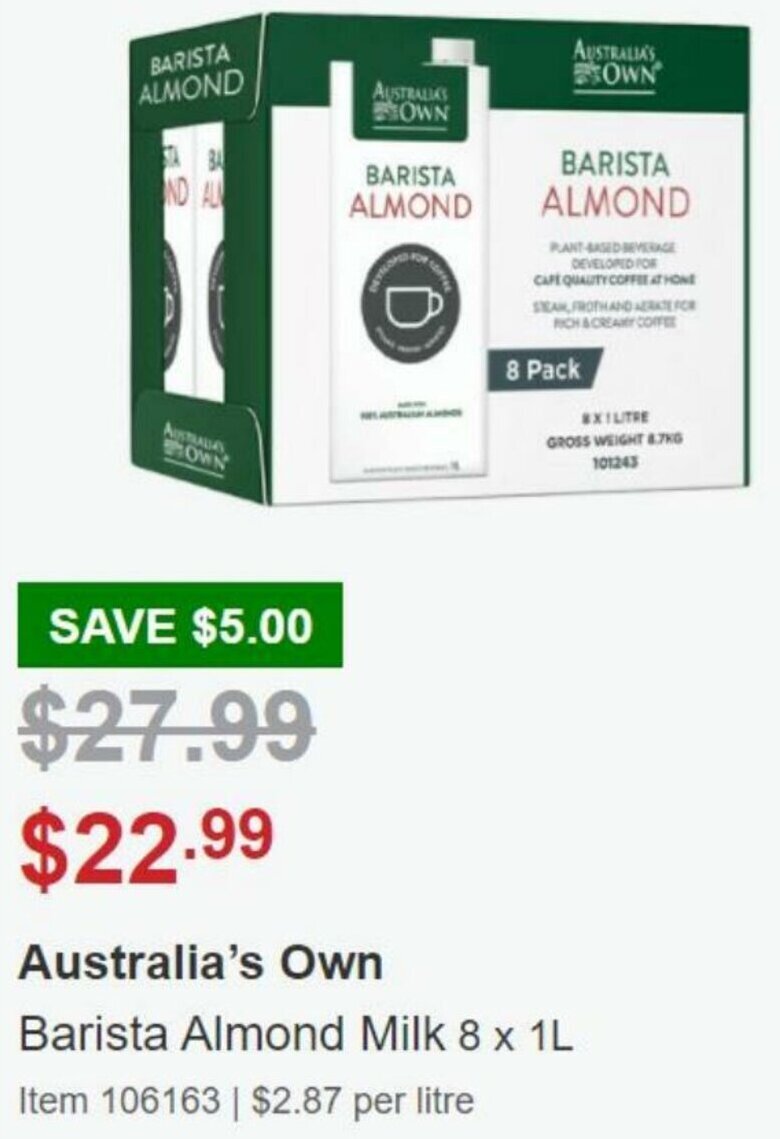 Australia's Own Barista Almond Milk 8x1L offer at Costco