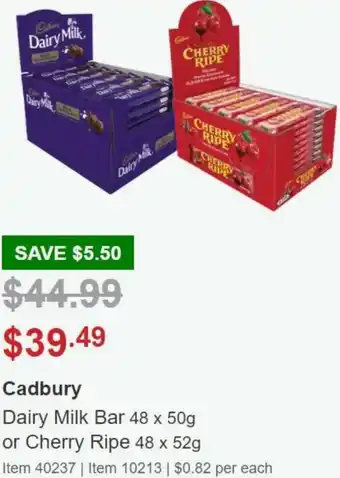 Costco Cadbury Dairy Milk Bar 48x50g Or Cherry Ripe 48x52g offer