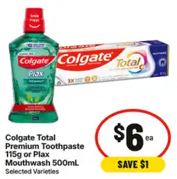 IGA Colgate Total Premium Toothpaste or Plax Mouthwash offer