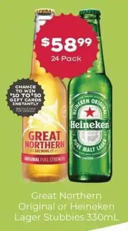 Thirsty Camel Great Northern Original Full Strength Lager or Heineken Pure Malt Lager offer