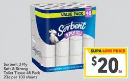 Supa Valu Sorbent 3 Ply Soft & Strong Toilet Tissue offer