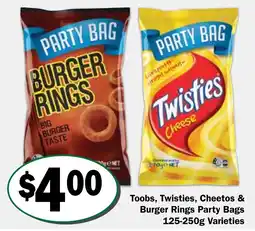 Friendly Grocer Toobs, Twisties, Cheetos & Burger Rings Party Bags Varieties offer