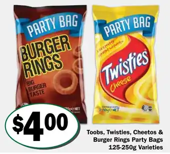 Toobs, Twisties, Cheetos & Burger Rings Party Bags Varieties