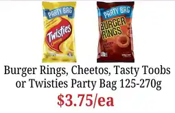 Farmer Jack's Burger Rings, Cheetos, Tasty Toobs or Twisties Party Bag offer