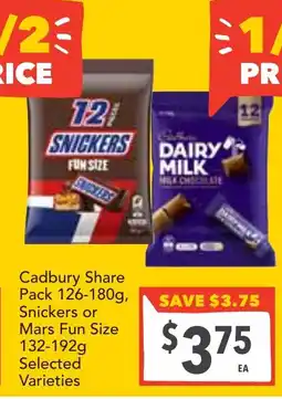 Supa Valu Cadbury Share Pack Snickers or Mars Fun Size Selected Varieties offer