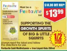 Chemist Warehouse Pentavite Gold Multivitamin + Iron Liquid Kids offer