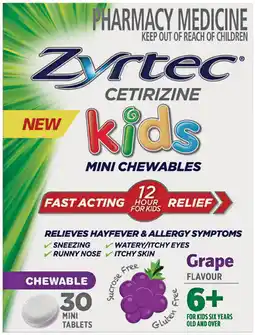 Pharmacy Best Buys Zyrtec Cetirizine Kids Mini Chewables 6+ Years Grape Flavour 30 Mini Tablets offer