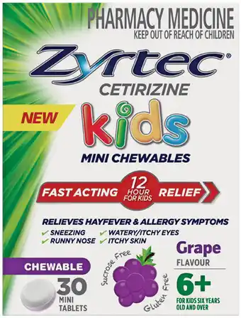 Zyrtec Cetirizine Kids Mini Chewables 6+ Years Grape Flavour 30 Mini Tablets