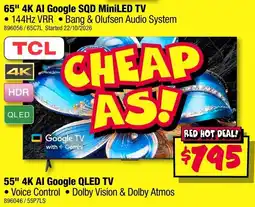JB Hi-Fi TCL 65" 4K AI Google SQD MiniLED TV offer