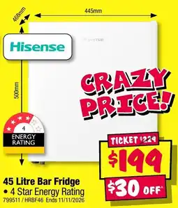 JB Hi-Fi Hisense 45 Litre Bar Fridge offer