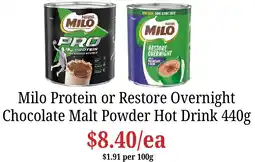 Farmer Jack's Milo Protein or Restore Overnight Chocolate Malt Powder Hot Drink offer