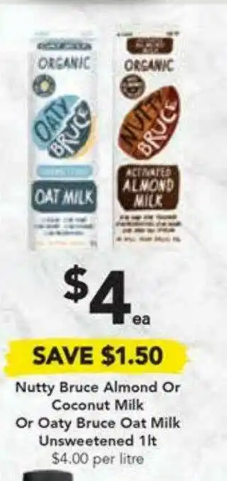 Drakes Nutty Bruce Almond Or Coconut Milk Or Oaty Bruce Oat Milk Unsweetened 1 Lt offer