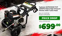 Sydney Tools Typhoon SHPW3200 7HP 3200PSI Petrol High Pressure Washer With Turbo Head offer