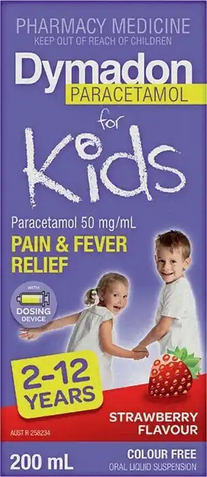 Dymadon Paracetamol for Kids 2-12 Years Strawberry Flavour 200mL