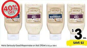Spar Heinz Seriously Good Mayonnaise Or Aioli 295ml offer