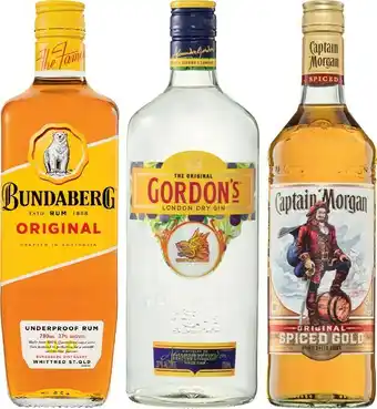IGA Bundaberg Rum UP, Gordon’s Dry Gin or Captain Morgan Spiced Gold Rum 700mL offer