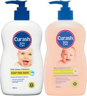 Coles Curash Baby Care Shampoo & Conditioner or Soap Free Bath 400mL offer