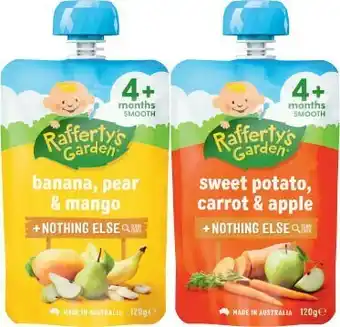 Coles Rafferty’s Garden Baby Food 4 Month, 6 Month or 8 Month Pouch 120g offer