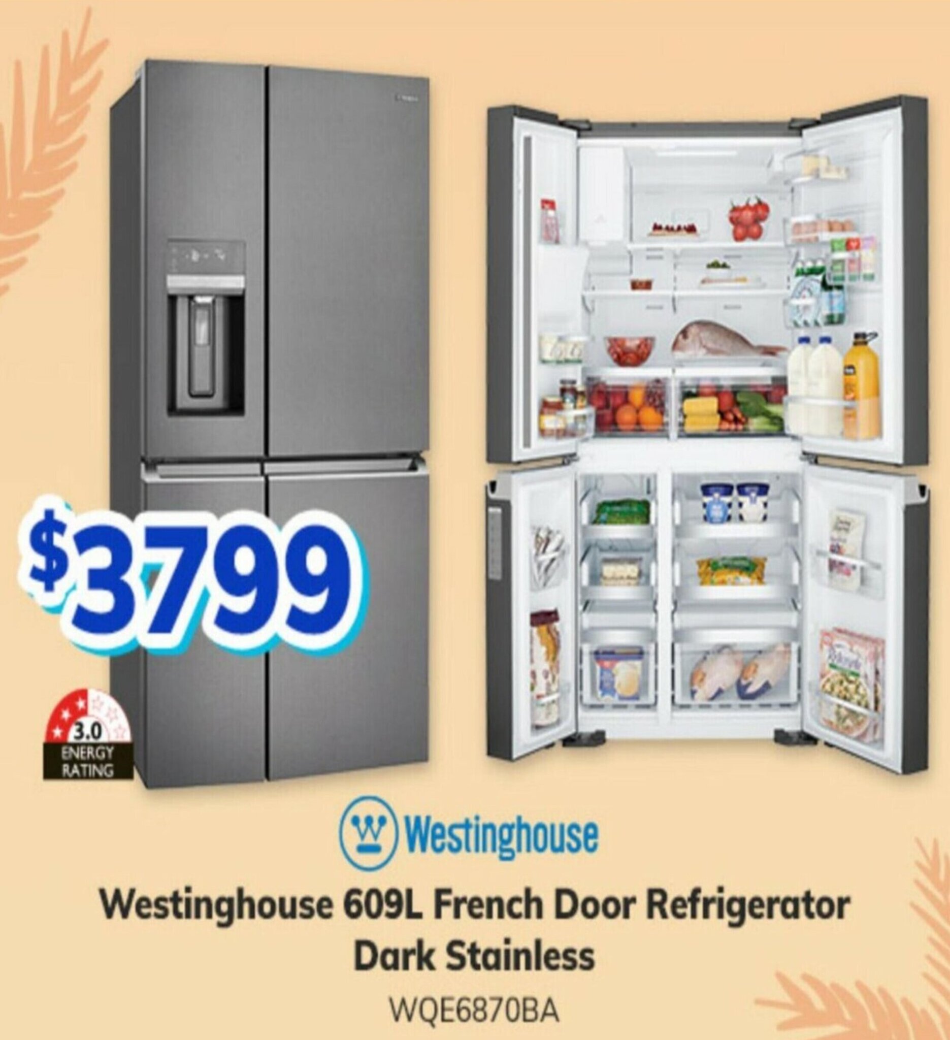Westinghouse 609L French Door Refrigerator Dark Stainless WQE6870BA