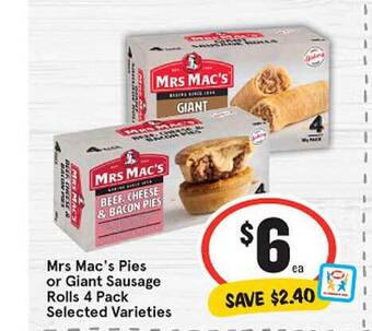 IGA Mrs Mac's Pies Or Giant Sausage Rolls 4 Pack offer