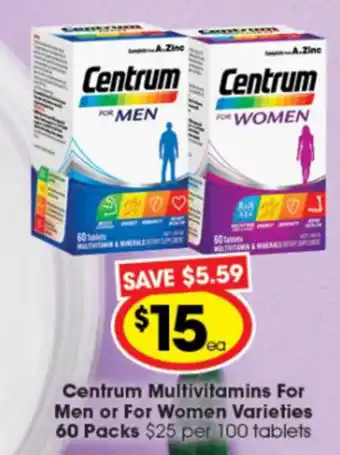 Ritchies Centrum Multivitamins for Men or for Women Varieties 60 Packs offer