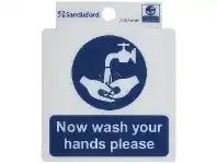 Officeworks Sandleford Now Wash Your Hands Self Adhesive Sign 75 x 75mm offer