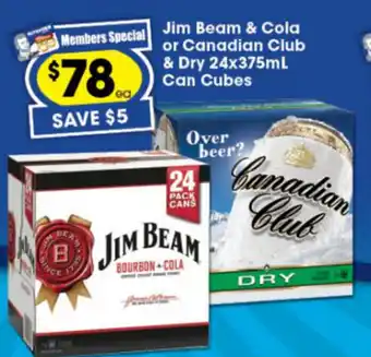 Ritchies Jim Beam & Cola or Canadian Club & Dry 24x375ml offer