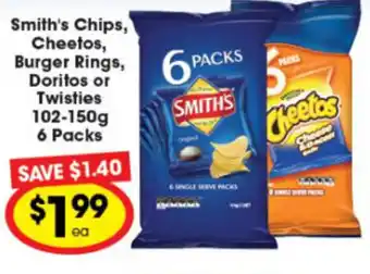 Ritchies Smith's Chips, Cheetos, Burger Rings, Doritos or Twisties 102-150g offer