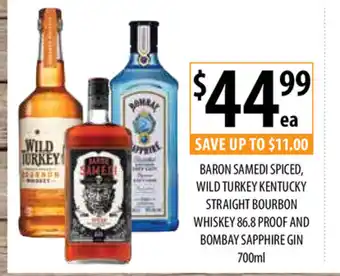 Baron Samedi Spiced, Wild Turkey Kentucky Straight Bourbon Whiskey 86.8 Proof and Bombay Sapphire Gin 700ml