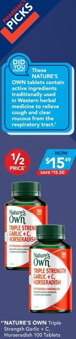 Amcal Pharmacies Nature's Own Triple Strength Garlic + C, Horseradish 100 Tablets offer