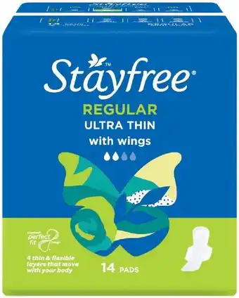 Woolworths Stayfree Pads Ultra Thin Regular Wings Pk 14 offer