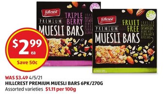 ALDI Hillcrest Premium Muesli Bars 6pk/270g offer