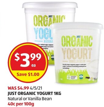 ALDI Just Organic Yogurt 1kg offer
