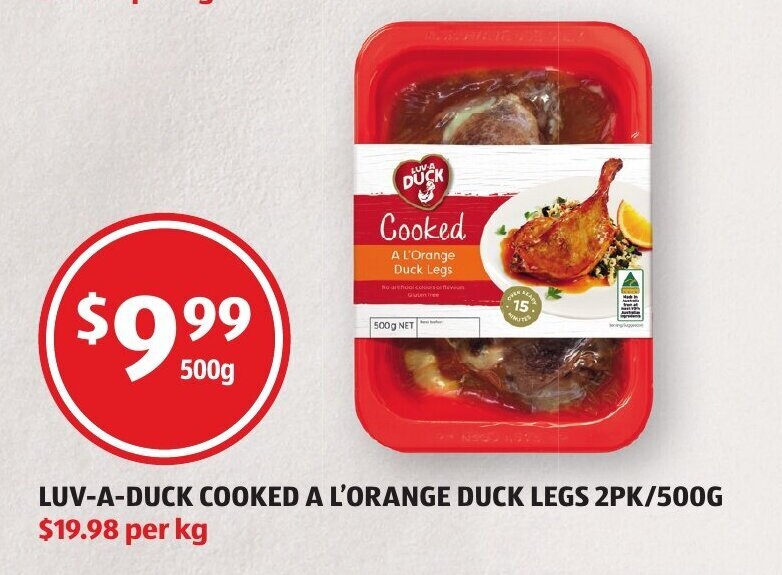 LuvaDuck Cooked a L'Orange Duck Legs 2pk/500g offer at ALDI