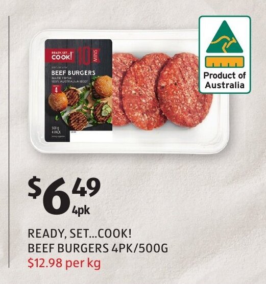 Ready, Set...Cook! Beef Burgers 4pk/500g offer at ALDI