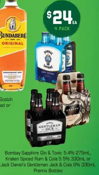 Bombay Sapphire Gin & Tonic 5.4% 275ml, Kraken Spiced Rum & Cola 5.5% 330ml Or Jack Daniel's Gentlemen Jack & Cola 6% 330ml