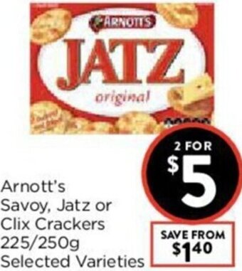 Foodworks Arnott's Savoy, Jatz Or Clix Crackers 225/250g offer