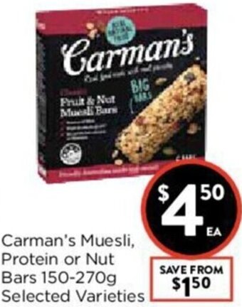 Foodworks Carman's Muesli, Protein Or Nut Bars 150-270g offer