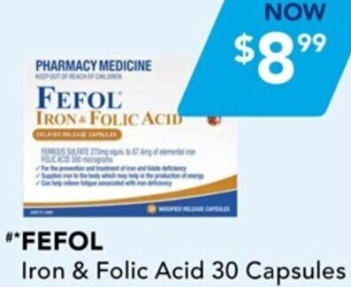 Amcal Pharmacies Fefol Iron & Folic Acid 30 Capsules offer