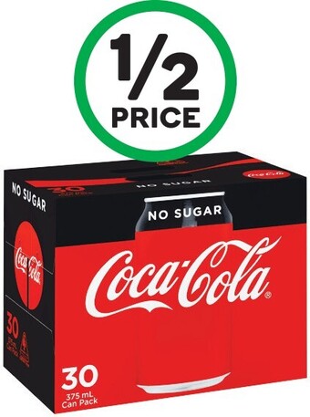 Woolworths Coca-Cola Classic, No Sugar or Diet Soft Drink Can Varieties 30 x 375ml offer