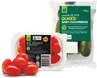 Woolworths Australian Sweet Solanatou2122 Tomatoes 200g Punnet or Qukes Baby Cucumbers 250g Pack offer
