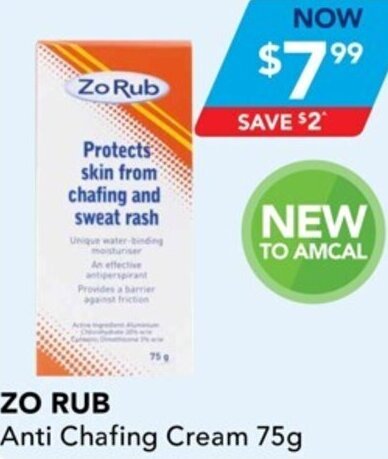 Amcal Pharmacies Zo Rub Anti Chafing Cream 75g offer