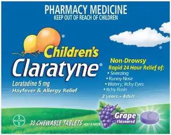 Pharmacy Best Buys Claratyne Children's Grape Flavoured 30 Chewable Tablets offer
