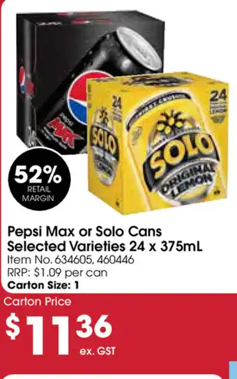 Campbells Wholesale Pepsi Max or Solo Cans Selected Varieties 24x375ml offer