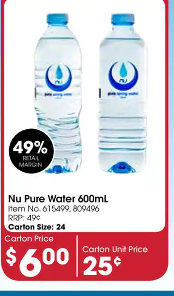 Campbells Wholesale Nu Pure Water 600ml offer