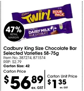 Campbells Wholesale Cadbury King Size Chocolate Bar Selected Varieties 58-75g offer