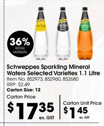 Campbells Wholesale Schweppes Sparkling Mineral Water Selected Varieties 1.1 Litre offer