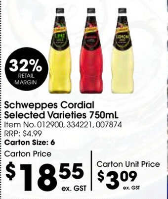 Campbells Wholesale Schweppes Cordial Selected Varieties 750ml offer